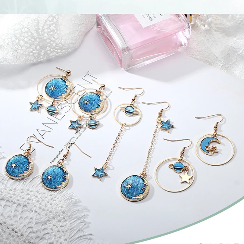 Синие металлические Асимметричные геометрические серьги Звездная Луна планеты