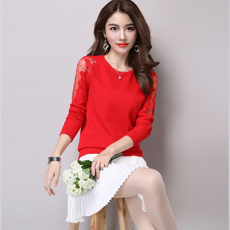 

Ladies Knitted Sweater Women Pullovers Jumper Spring Autumn Sexy Sweet Lace Stitching Slim Fit Top Knitwear Female