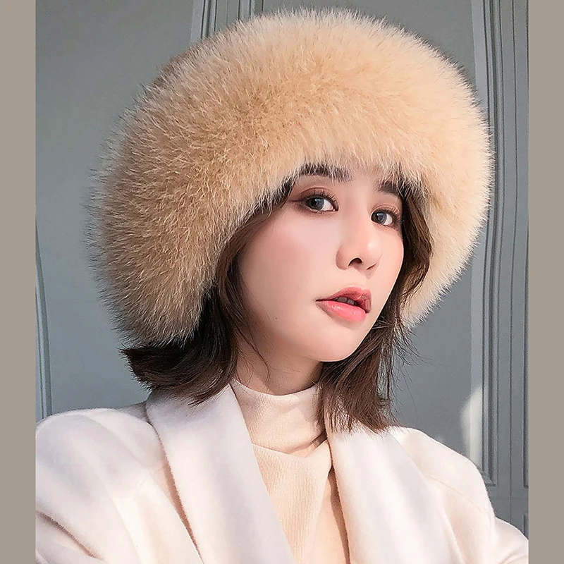 Winter mink fur Korean warm small round hat mink Hat Women's fashion fur ear protection basin hat fox fur fisherman hat
