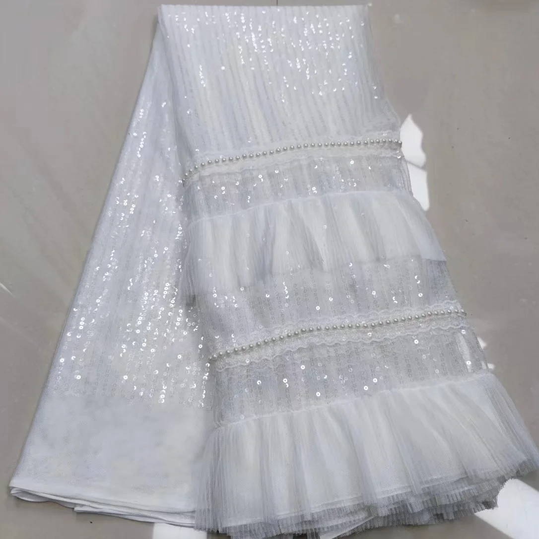 

2022 Best Quality Sequins Lace Fabric Embroidery Latest African French Tulle Soft 5 Yards Fashion Bride Wedding Dress Materal