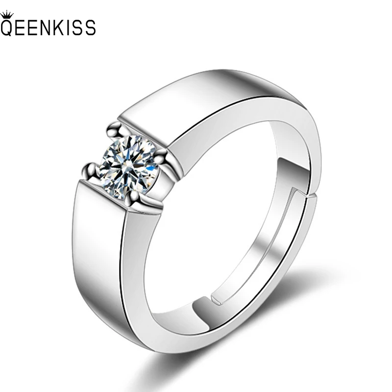 

QEENKISS RG6612 Fine Jewelry Wholesale Fashion Lovers Couples Birthday Wedding Gift Round AAA Zircon 18KT White Gold Open Ring