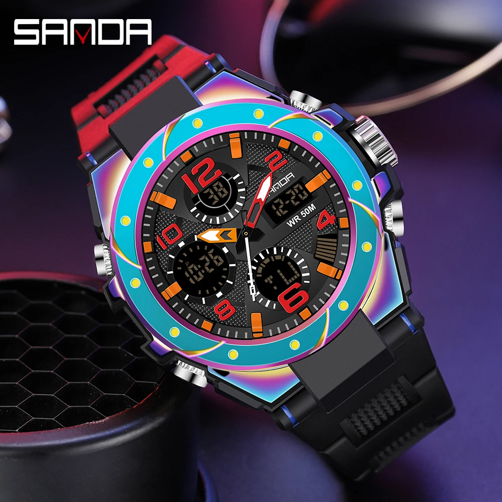 

Часы наручные SANDA мужские электронные в стиле милитари, спортивные роскошные Многофункциональные цифровые, водонепроницаемые с ударопрочн...