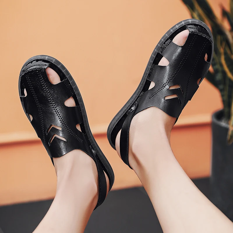 Мужские летние сандалии из натуральной кожи удобные повседневные пляжные без