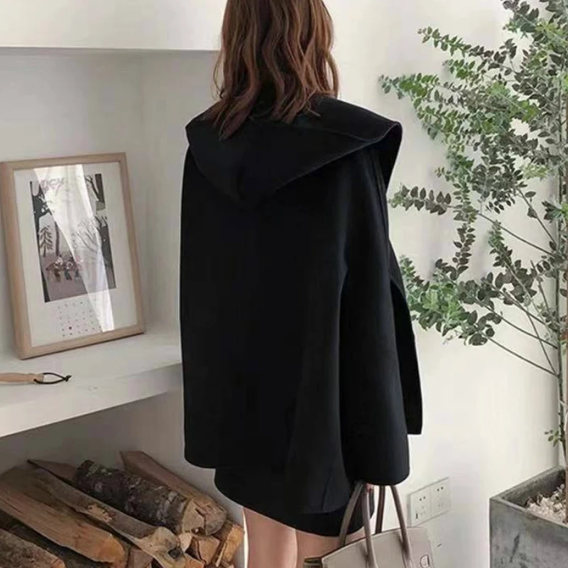 

Women Fashion Apricot Blends Spring Loose Hooded All-match Cloak Open Stitch Elegant Thin Black Soft Female Outerwear Chic Tops