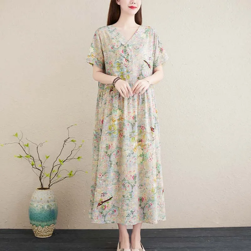 Платье женское хлопково льняное свободного кроя с V образным вырезом|Женские