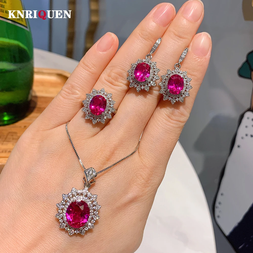 Vintage Ruby Gemstone Rings Earrings Pendant Necklace for Women Wedding Cocktail Party Fine Jewelry Sets Charms Anniversary Gift