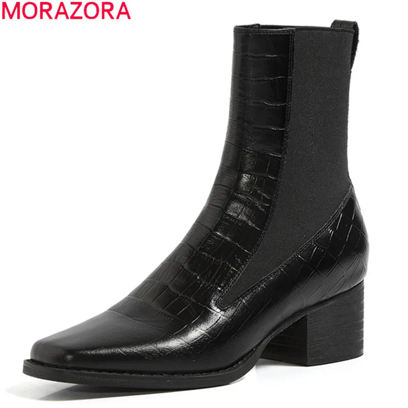

MORAZORA 2021 New brand fashion women boots genuine leather boots thick high heels square toe slip-on ankle boots black