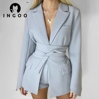 ingoo lace up waist long sleeve lapel blazers suit women solid elegant office ladies casual jacket coat fashion street outwear