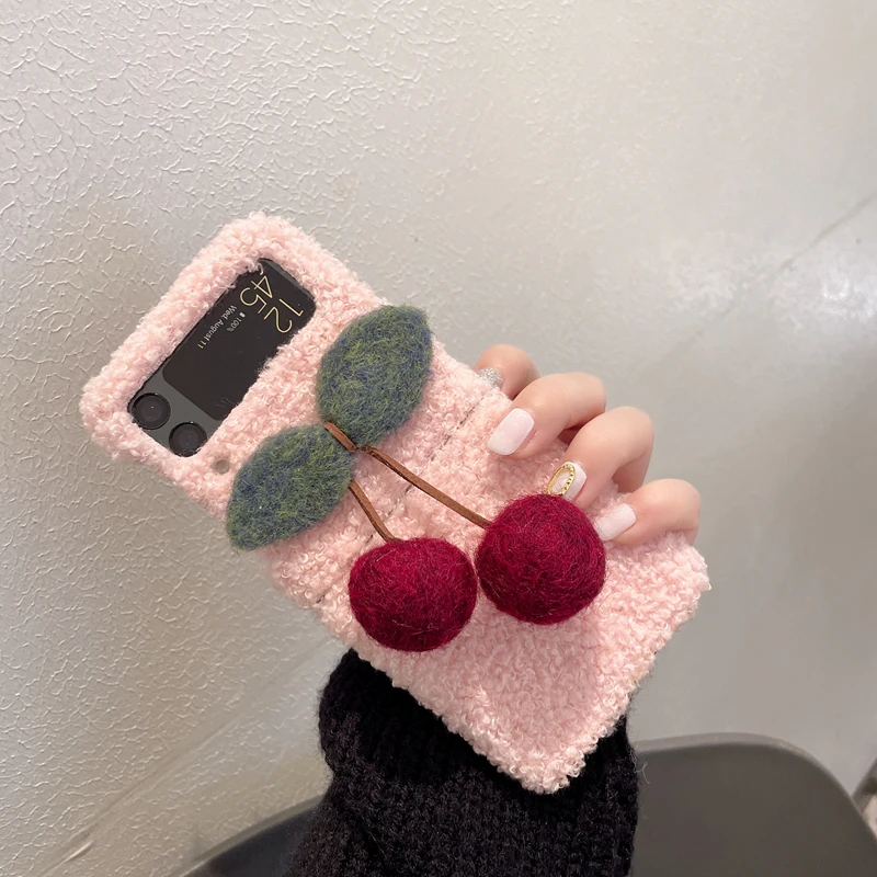 for samsung galaxy z flip 5g 4g 3 flip3 fashion diy super cute winter plush bear felt cherry pendant shell phone case cover free global shipping