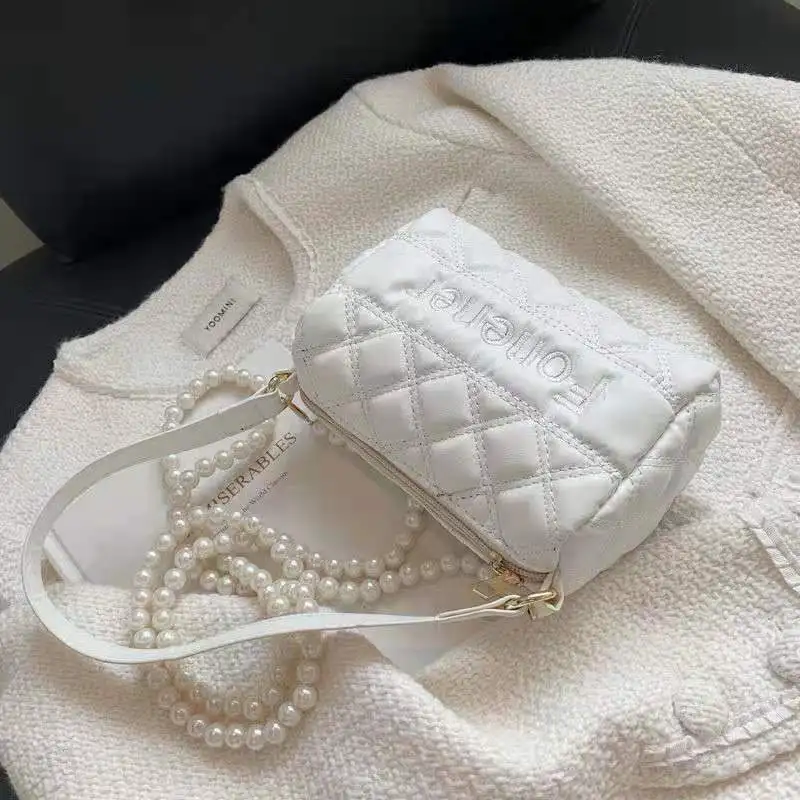 

Lozenge Baguette Shoulder Bags For Women Mini Square Solid Color Pearl Chain 2021 Autumn New Designer All-Match Cross-Body Bags