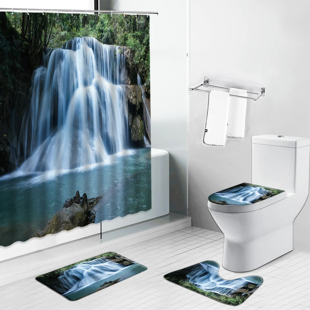 

Waterfall Forest Flower Scenery Waterproof Shower Curtain Set Bathroom Landscape Non-slip Bath Mat Pedestal Rug Lid Toilet Cover