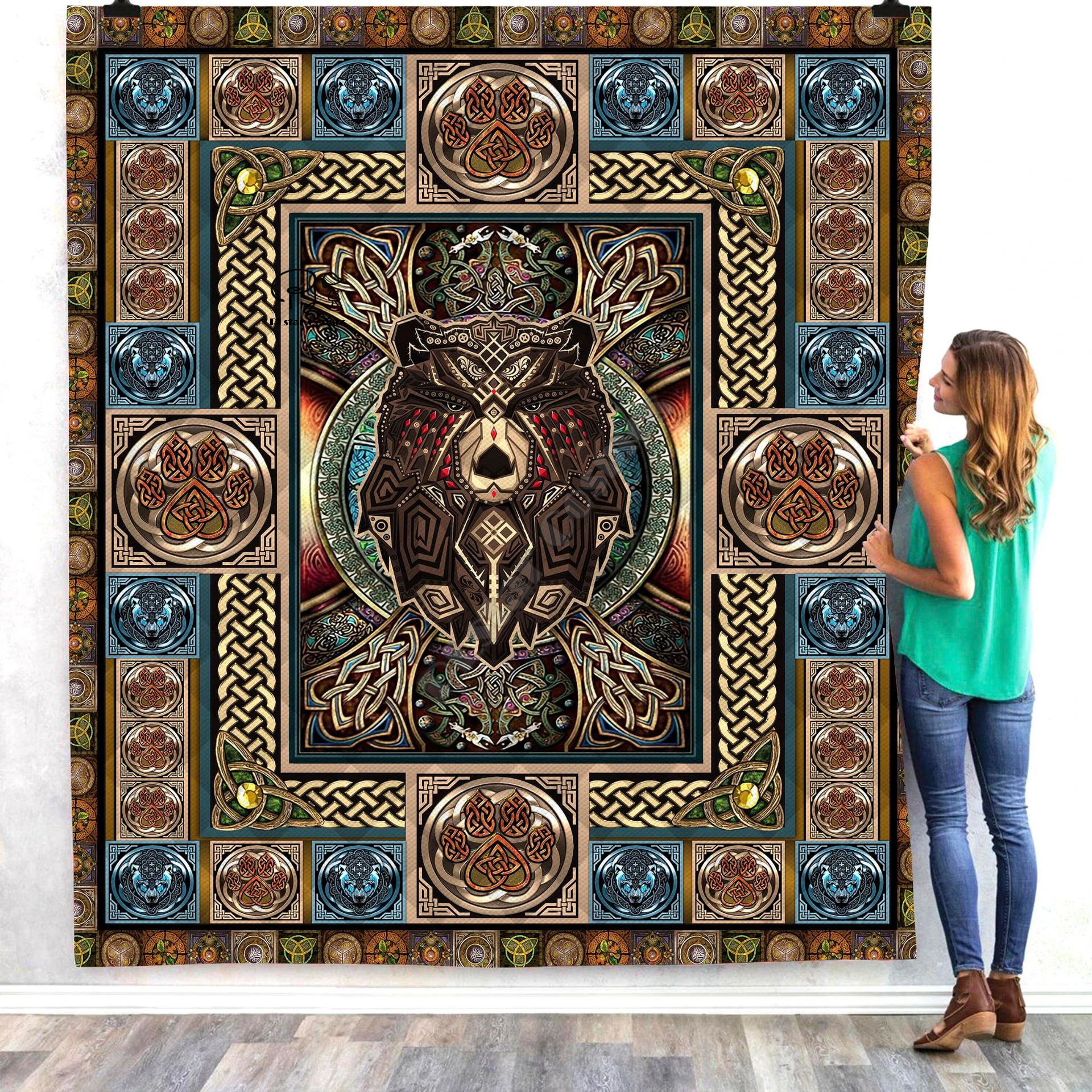 Черное Оригинальное индийское 3d одеяло с татуировкой в виде медведя викингов