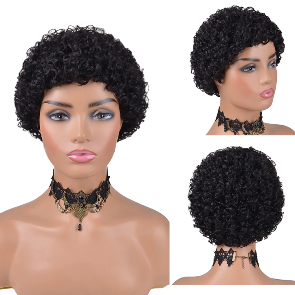 Short Curly Human Hair Wigs Pixie Cut Brazilian Remy Short Wigs Human Hair Natural Black 180% Density Kinky Curly Wig for Woman