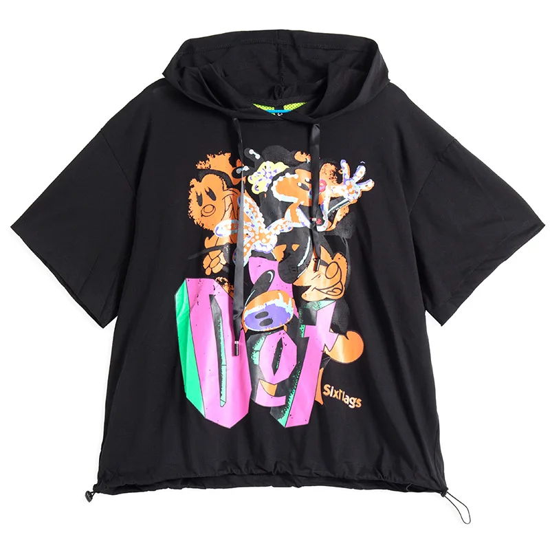 

2021 Hot Sale White T Shirt Short Sleeve Fashion Girls Casual Tops Cartoon Print Loose Hooded Tees Women Black Freeshipping