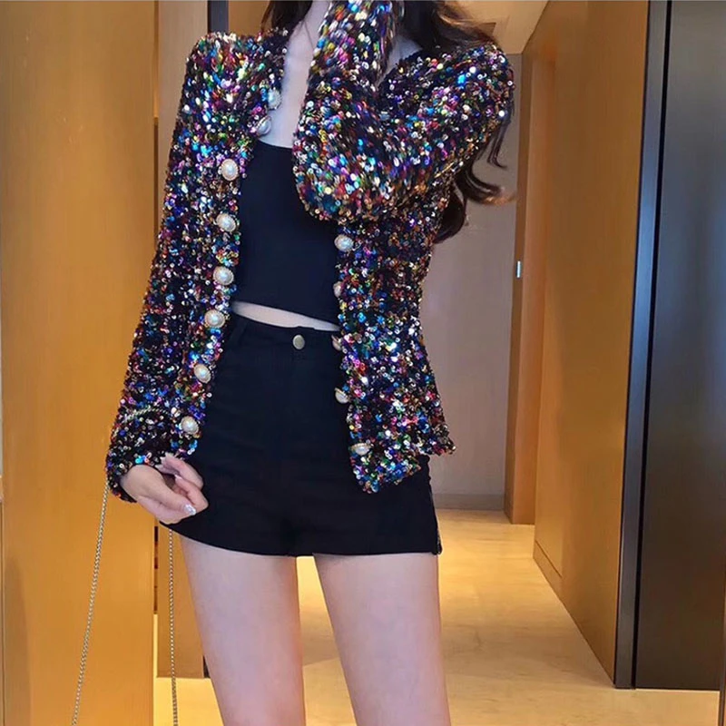 Новинка 2020 короткая женская куртка весна-осень цветное пальто с блестками