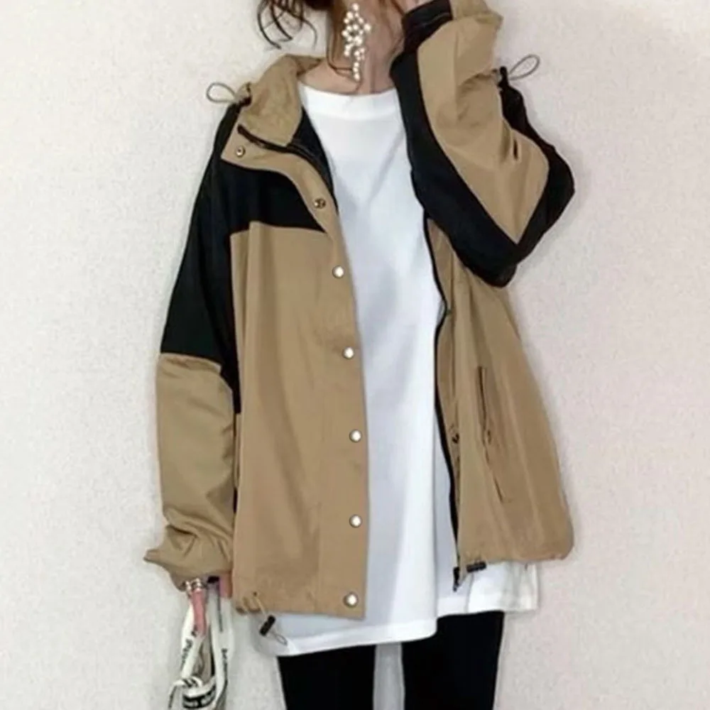 

Women's Fashion Color Block Loose Button Zipper Patchwork Jacket Long Sleeves Autumn Winter Casual Korean Janpan Female Outwear