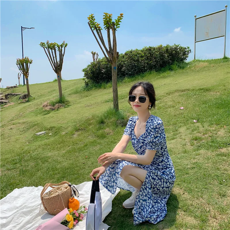 

Sannian Women Dress 2020 Women Clothes Summer Dress Split-slim Chiffon French Floral Dresses Blue Dresses Woman Party Night