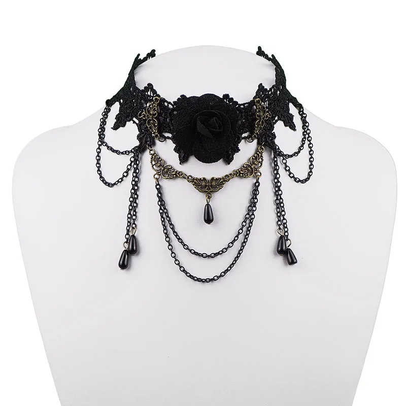 Модное Очаровательное черное кружевное ожерелье чокер с розовым воротником