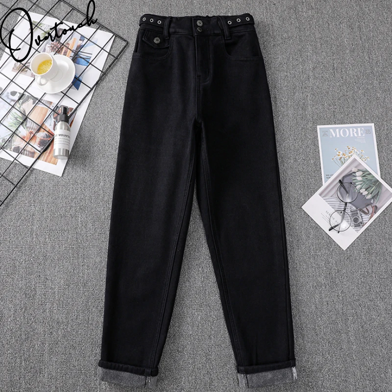 

Overtouch Autumn Winter Women Cothing Jeans Oversize Cotton Denim Harem Pants Fleece Thick Warm Elastic Waist Lady Trousers