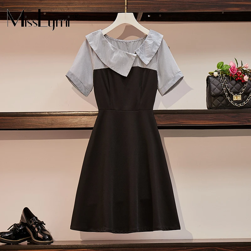

L-5XL Plus Size Striped Shirt Patchwork Fake two Pieces Dress Women Summer 2021 Asymmetrical Neck High Waist A-line Dress Female
