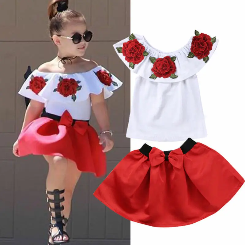 

Sweet Toddler Baby Girls Floral outfit off shoulder 3D Rose Floral Blouse Top red mini skirt Princess Party Dress 2 pcs Outfit