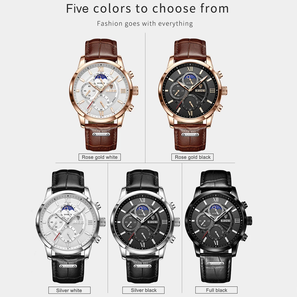 

LIGE2021 Top Brand Luxury casual Watches Leather strap Moon Phase Men clock Waterproof Luminous Quartz Wristwatch Reloj Hombre