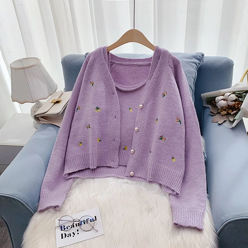 

2021 Autumn Urban Korean-Style Women's Wear V-neck Slim-Fit Embroidered Flower Two-pieces Knitted Warm Soft Sweater Cardigan