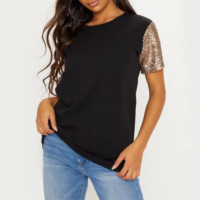 Женские топы и блузки летние модные черно-белые футболки с блестками одежда
