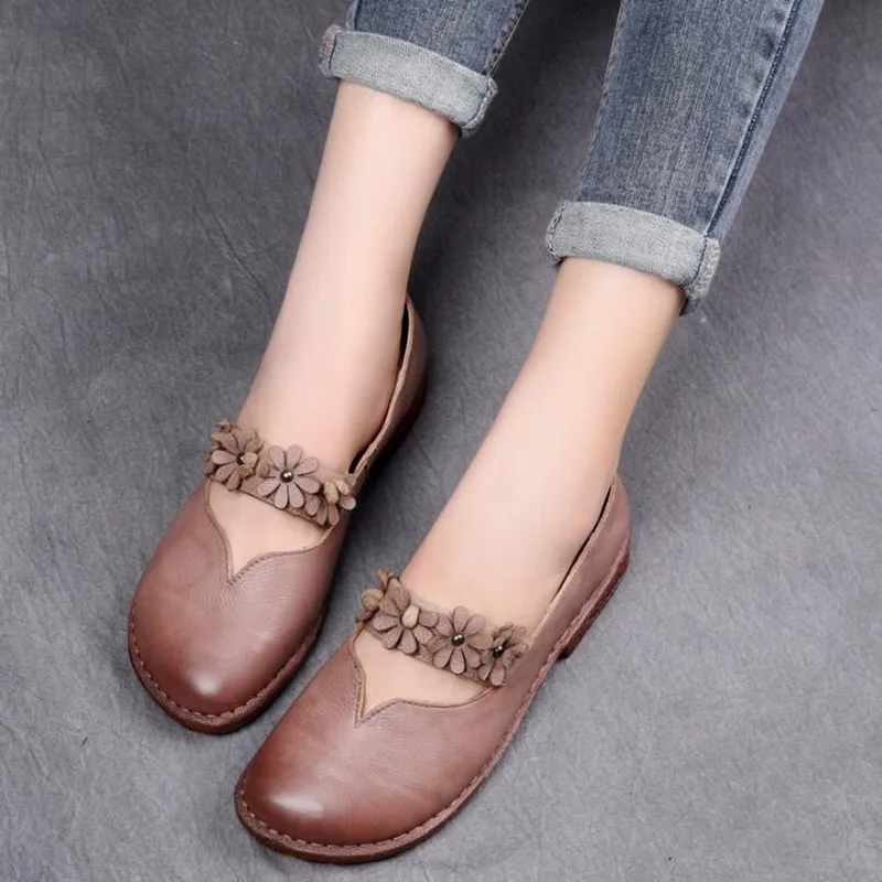 2021 Vintage Floral Genuine Leather Flat Shoes Spring Summer Casual Women Flat Shoes Comfortable Hand-stitched Soft Bottom Shoes