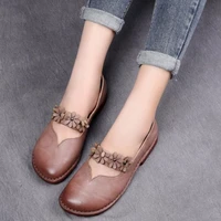 2021 vintage floral genuine leather flat shoes spring summer casual women flat shoes comfortable hand stitched soft bottom shoes