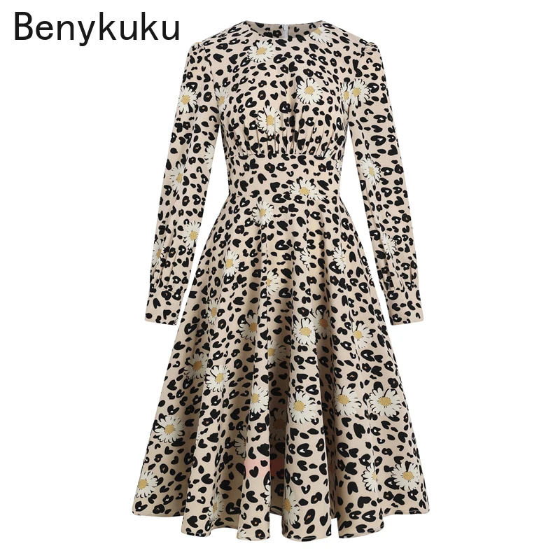 

Женское винтажное платье миди с длинным рукавом, леопардовым принтом и маргаритками, элегантное платье-трапеция в стиле ретро с высокой тал...