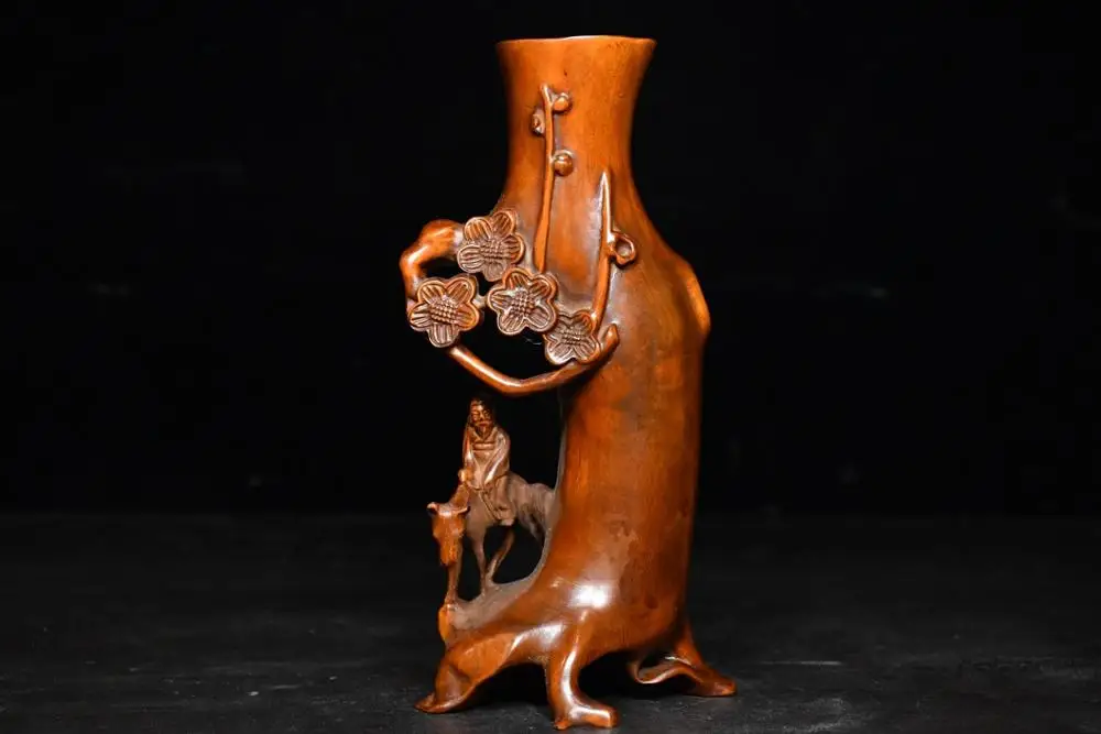 

Home Decor 6" China Collection Old Boxwood Zhang Guolao Sitting Donkey Statue Pen Holder Pine root shape pen holder penholder