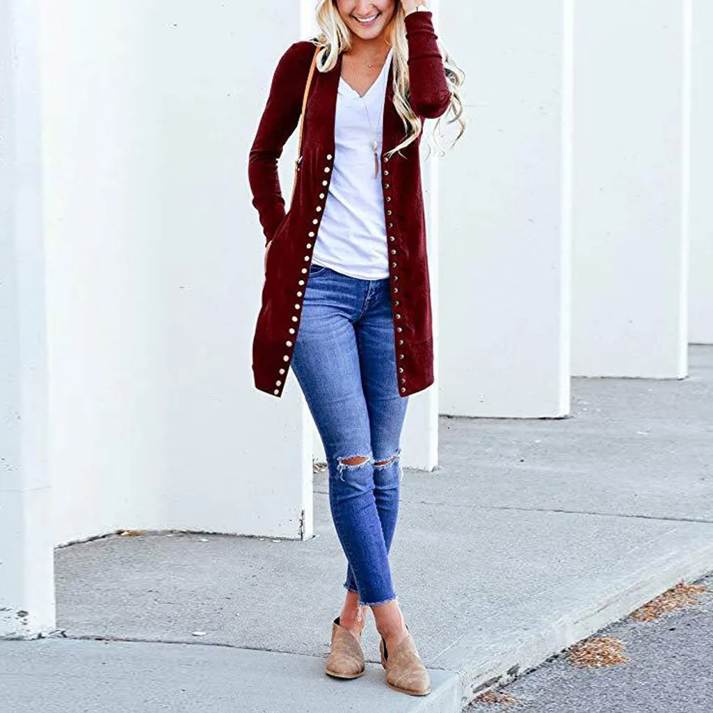 Модное однотонное длинное кимоно на пуговицах кардиган зимний свитер с открытой