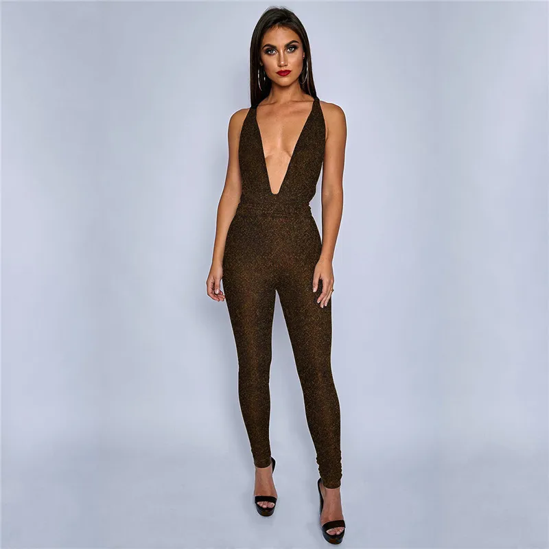 

New Women Backless V-neck Jumpsuit Halter Off Shoulder Solid Bright Silk V-neck Criss-cross Bandage Long Pants Romper