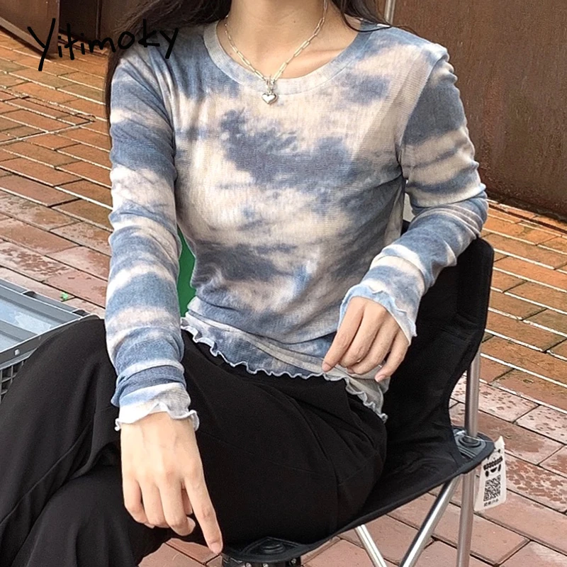 

Yitimoky Tie Dye T-Shirts Women Ruffles Long Sleeve O-Neck Clothing 2021 Spring Summer Korean Fashion New Shirts Blue Purple Top