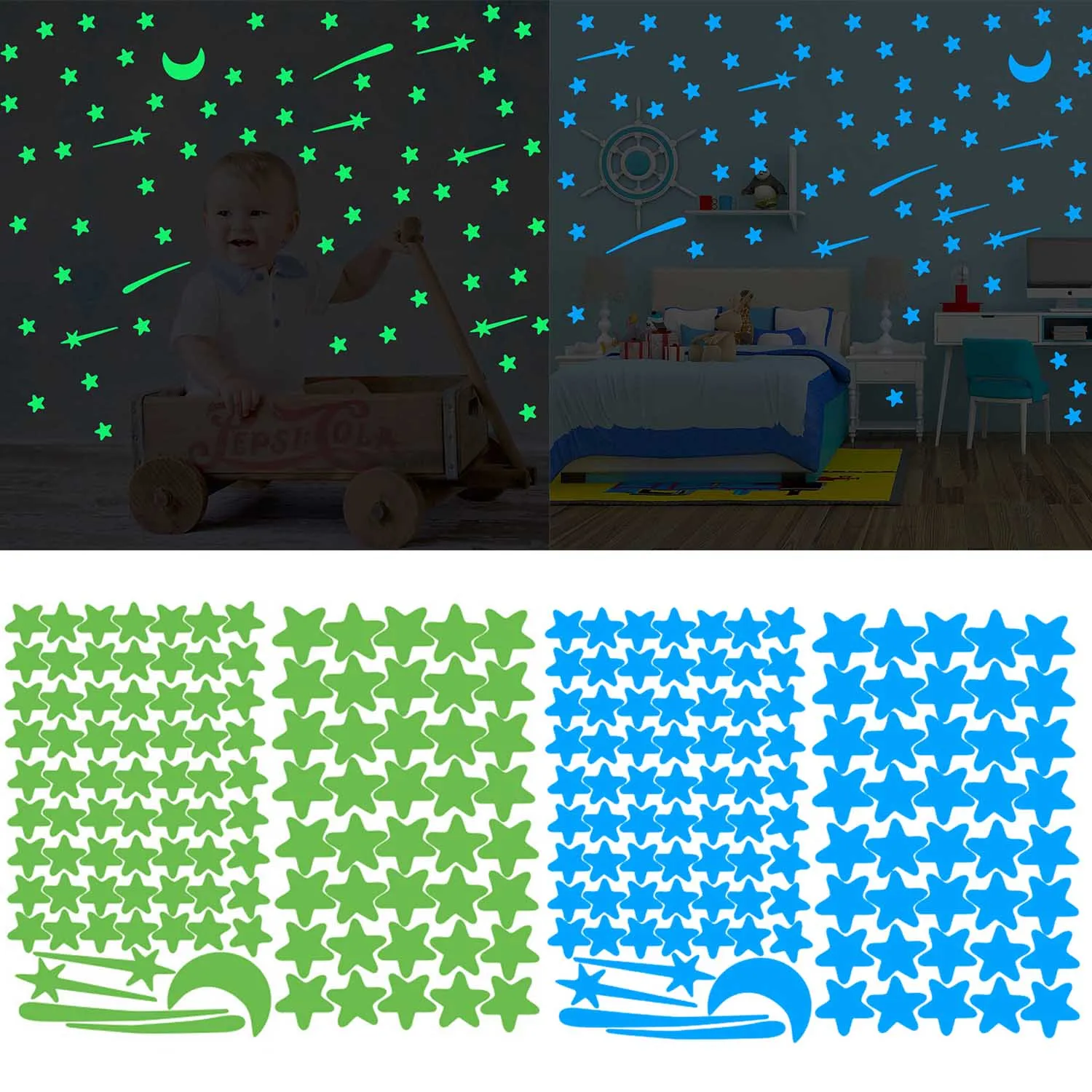 2 листа 3D светящиеся в темноте метеоритные Звезды Луны настенные наклейки