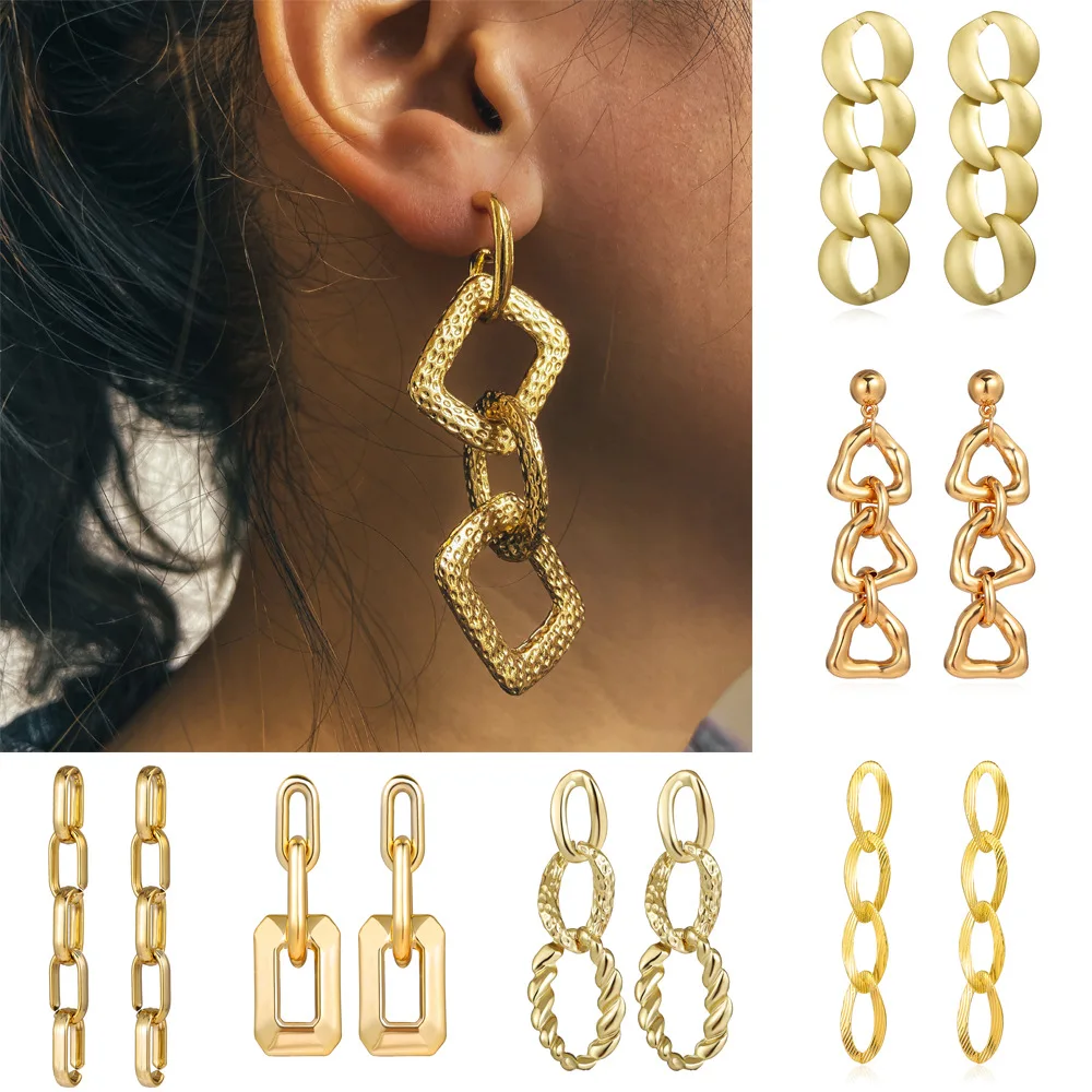 

Fashion Luxurious Dangle Earrings Gold Metal Vintage Geometric Round Chain Link Drop Earrings For Women Girls Party Club Jewelry