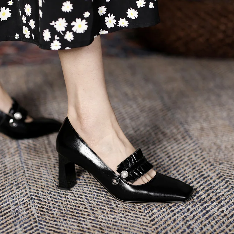 

Genuine Leather Handmade Pumps Shoes For Women Spring Summer Thick High Heels Square Toe Pumps Dress Party Office Shoes Woman 40