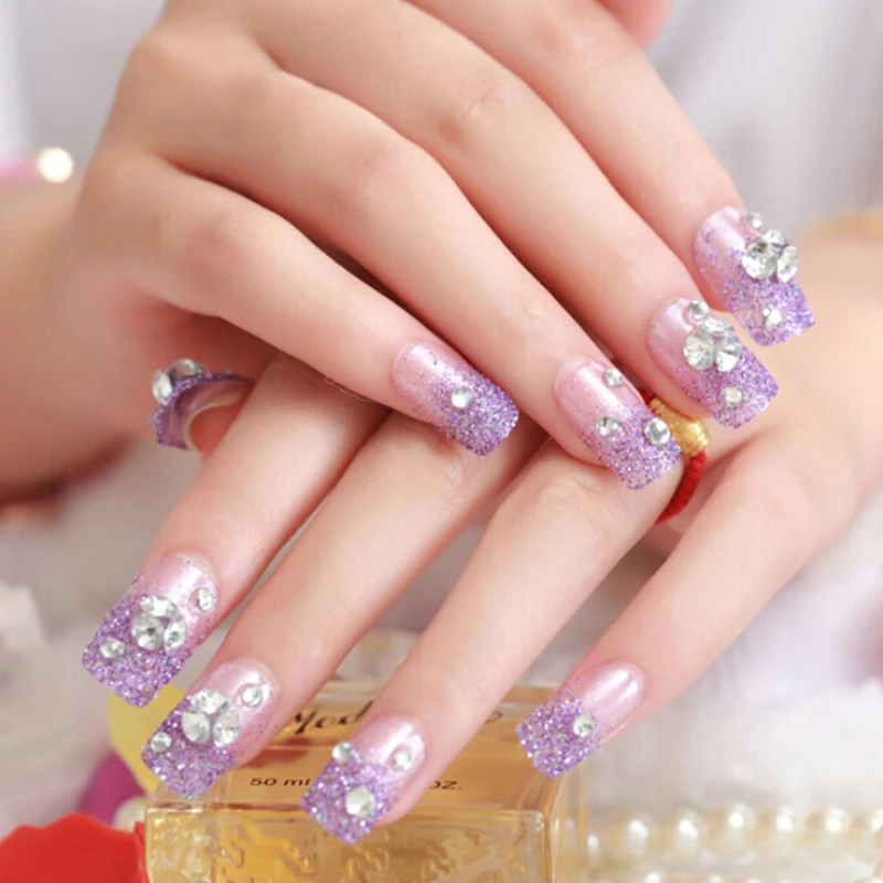 

1 Набор (24 шт.) накладные ногти яркие блестящие 3D Алмазные Стразы искусственные ногти для женщин Модный дизайн ногтей