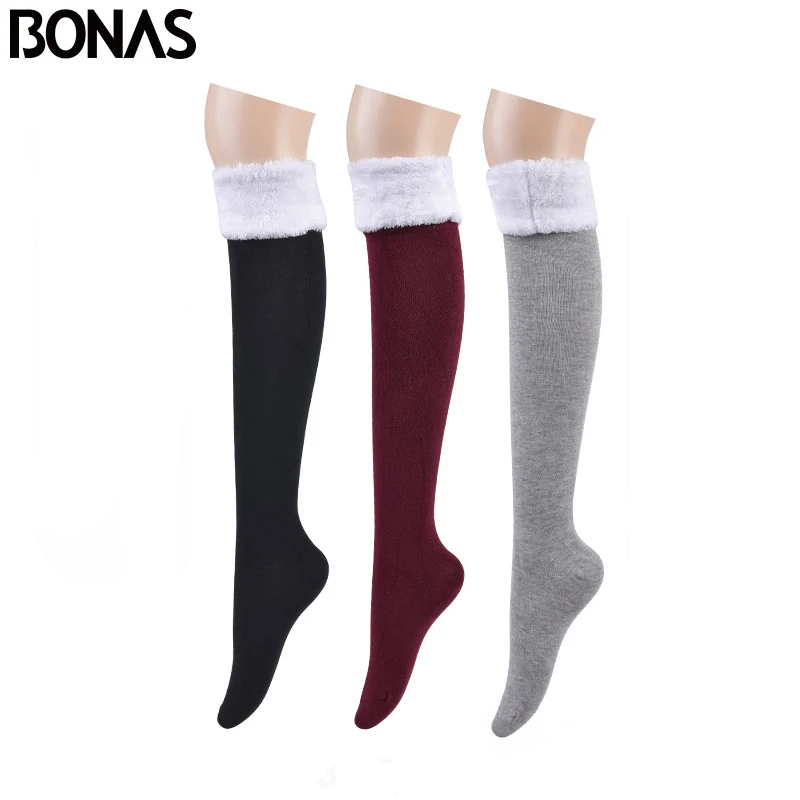 Black Red Grey BONAS, 3 шт., гольфы, теплые чулки, Женские однотонные гольфы, женские хлопковые чулки для девочек, пушистые зимние носки, 53 см - Цвет: Black Red Grey