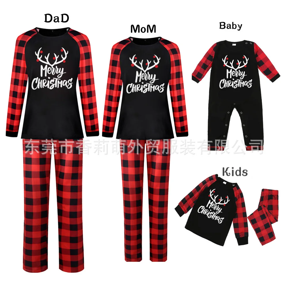 

2020 Christmas Parent-Child Family Suit Color Matching Round Neck Plaid Pajamas Deer Head Printing Factory Direct Sales