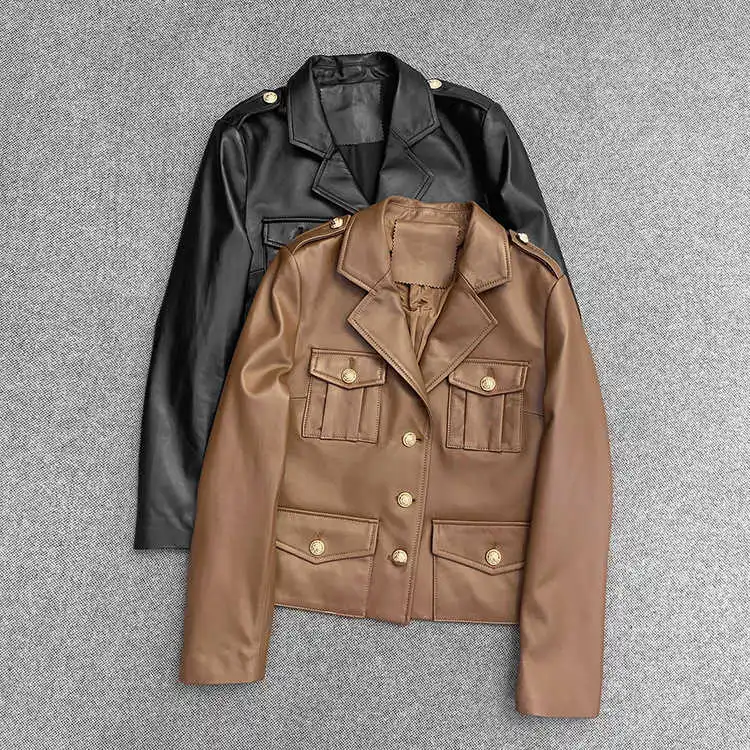 

Spring 2021 Autumn Fashion Women's Genuine leather pockets jackets coat C109