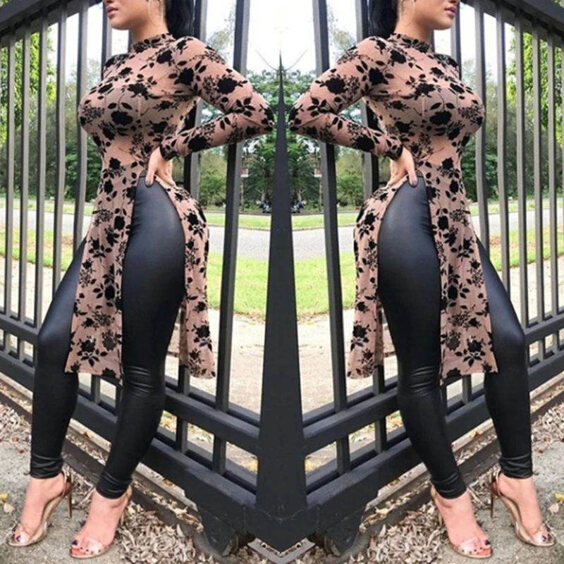 

Sexy Side Split Blouse Women Floral Printing Tight Long Blouse Long Sleeve Shirt Ladies Streetwear Camiseta Mujer