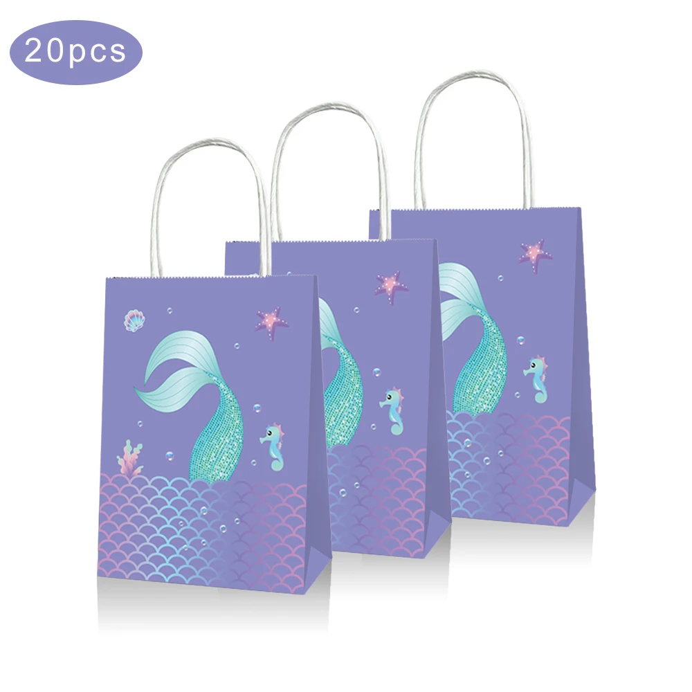 

20pcs Baby Shower Mermaid Happy Birthday Theme Party Gift Bags Candy Bags With Handles for Tableware Decorations Paper Packing