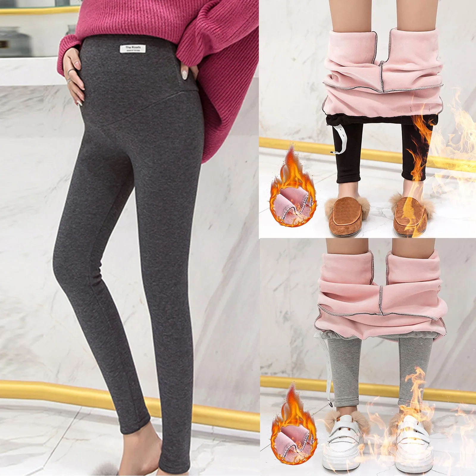 

Winter Maternity Clothes Solid Color Plush Pregnant Women Leggings Plus Size All-Match Warm High-Waisted Bellies Pregnancy Pants