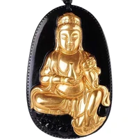 kyszdl fashion pure gold color natural black obsidian carving guanyin pendant men and women amulet crystal jewelry dropshipping