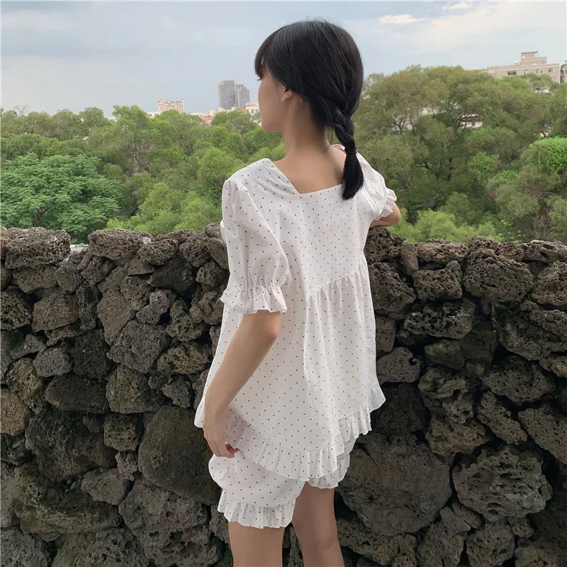 

Sleepwear Women Set 2021 Summer Square Neck Wave Point Bubble Sleeve Pajamas Two Piece Suit for Girl