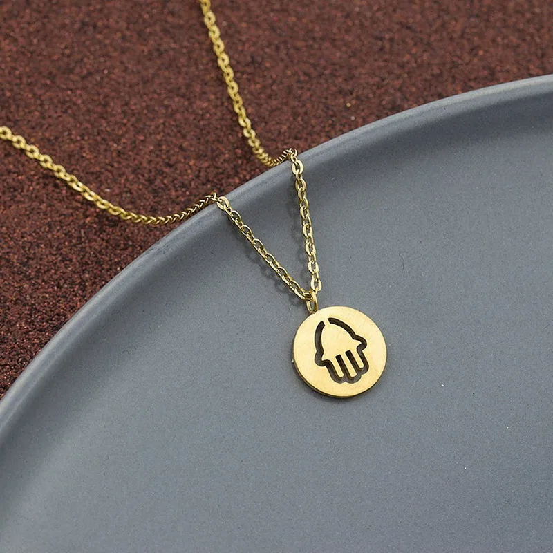 

Palm Pendant Necklace For Women Round Stainless Steel Chain Hand Fashion Choker Jewelry Gift
