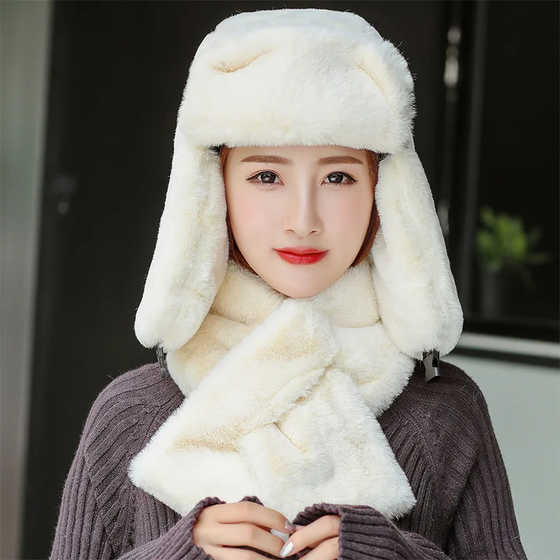 White Зимняя шапка для женщин, лыжная русская шапка, шарф, Толстая теплая шапка из кроличьего меха, кожаная ушанка, ушанка, Русская Шапка, ушанка, шапка-бомбер - Цвет: White