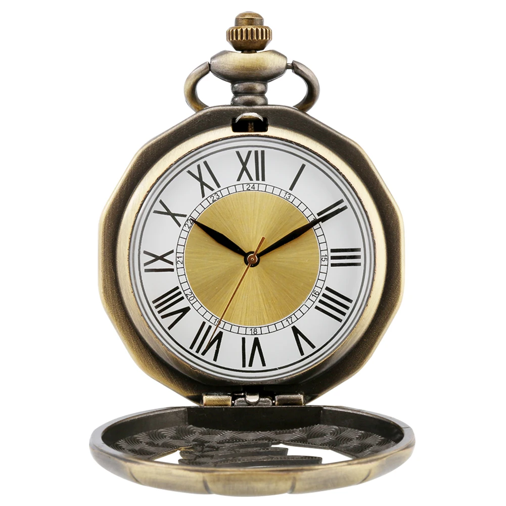 

Vintage Antique Polygon Steampunk Bronze Hollow Fish Bone Cover Quartz Pocket Watch Roman Numerals Pendant Clock Necklace Chain